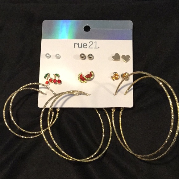 Rue21, Goldtone Earrings, 6 Stud 3 Hoop, 💜❤️💕💙 - Picture 2 of 5